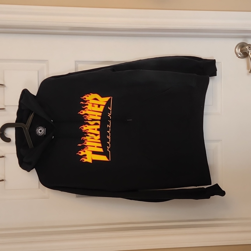 Thrasher Black Hoodie with Yellow and Orange Flame Logo
